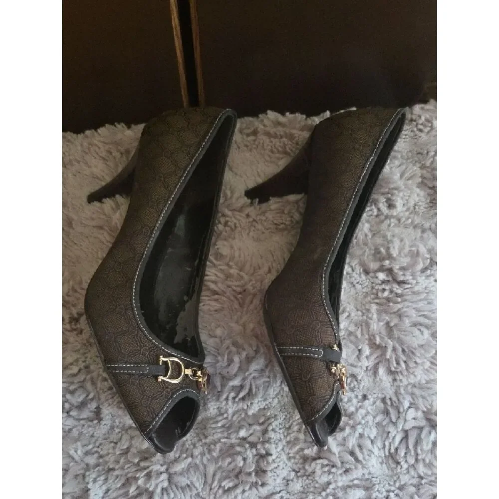 Etienne Aigner Brown Patterned Peep-Toe Heels with Gold Hardware